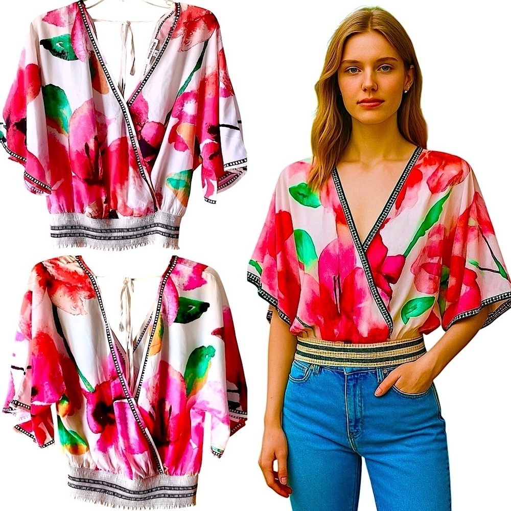 Jealous Tomato Women's Deep V-Neck Crossover Floral Crop Top Elastic Waist Sz S